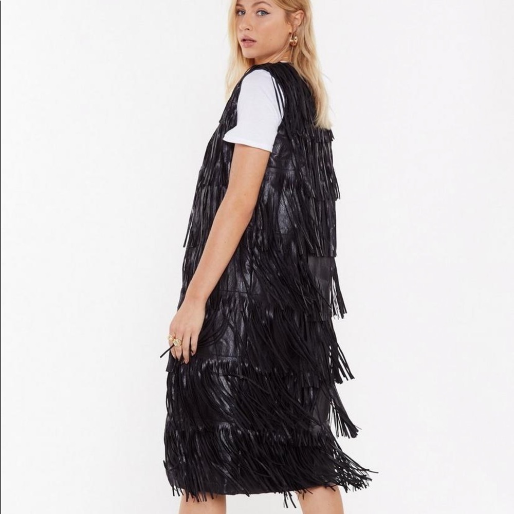 Faux Leather Mid Length Fringe Vest